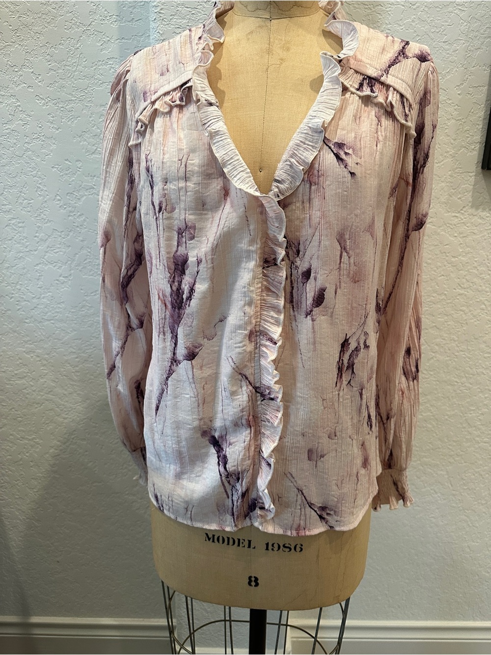 Pinch Blush and Mauve Marble Ruffle Front Blouse